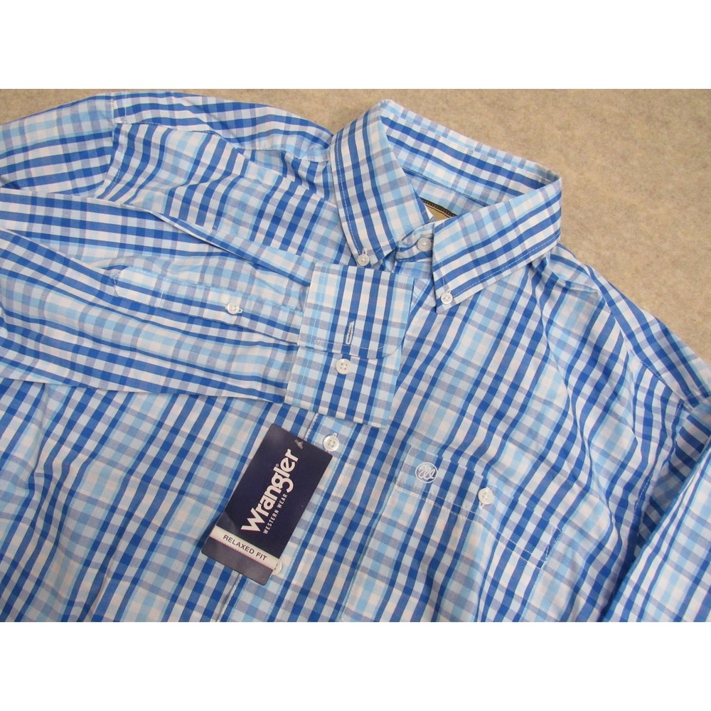 Wrangler Western Wear Mens Relaxed Fit Blue Plaid Long Sleeve Shirt Medium NWT